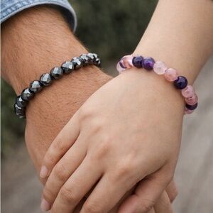 Triple Pink  & Faceted Hematite Protection Bracelet Set Crystal Healing Couple